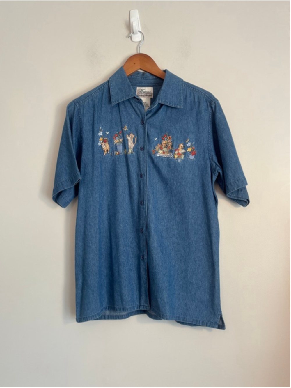 Vintage Tradition Country Collection Blue Embroidered Cat Button Down Shirt M